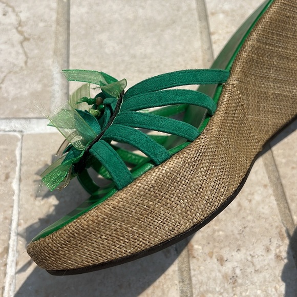 Green Slides Wedges Flower Ribbon Details Size 8 Platform Open Toe Elio Pitti - Picture 9 of 16